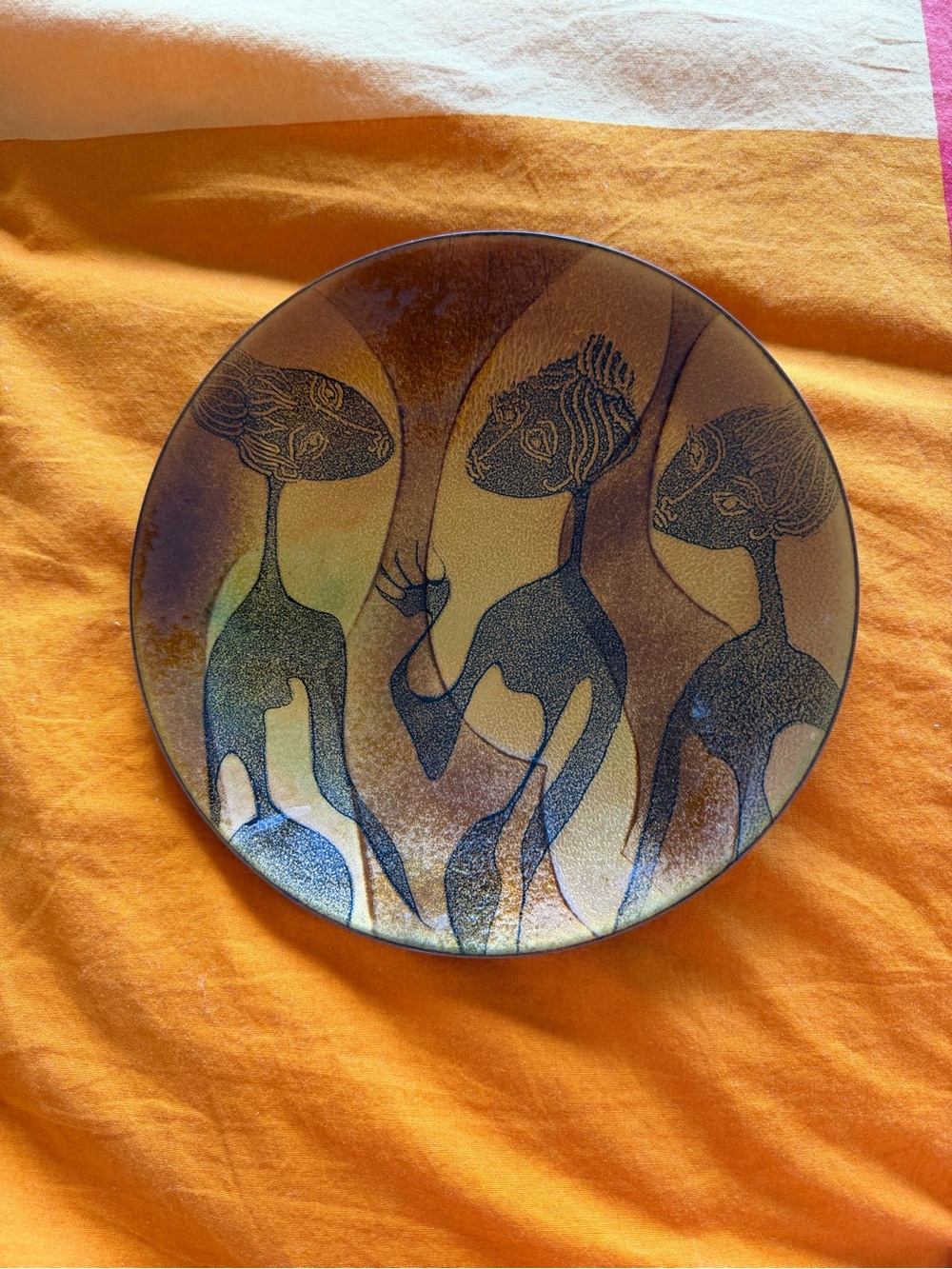 Hand-Painted Enamel on Copper Art Plate in Brown and Gold - Picture 1 of 5